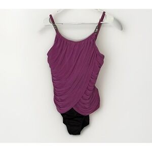 Magicsuit Ruched One Piece Swimsuit Purple Draped Tummy Control Beaded Strap S?